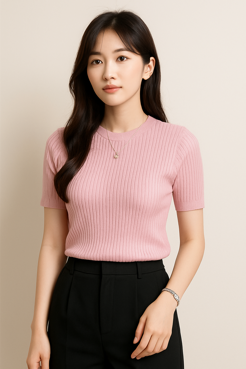 レディース リブニット半袖トップス｜伸縮性◎ 夏春スリムフィットTシャツ｜美シルエット インナーにも最適