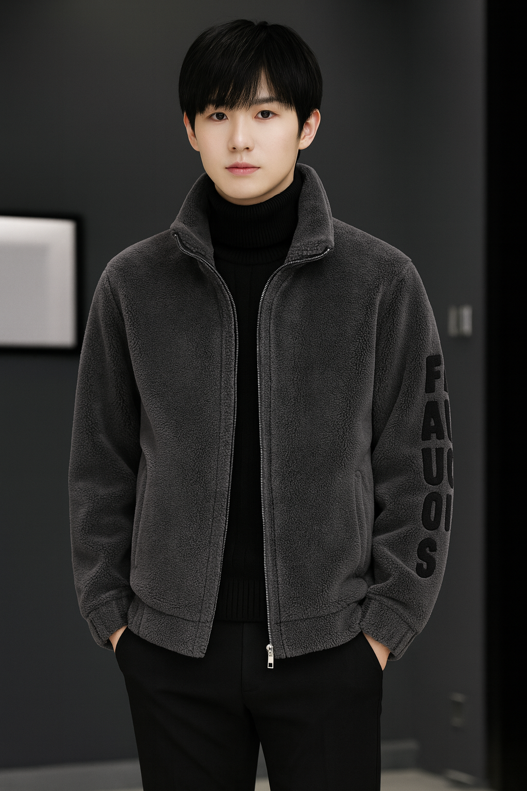 メンズ秋冬ボアジャケット
立ち襟ジップアップ アウター
ふわふわ裏起毛 フリースジャケット