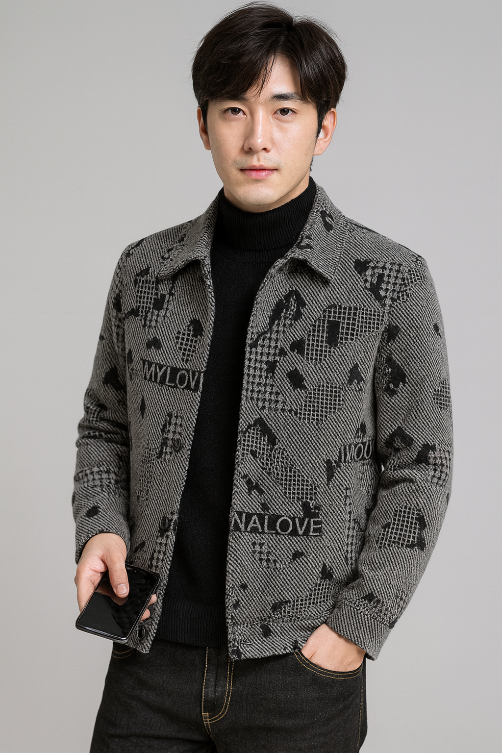 メンズ厚手ジャケット｜裏起毛で暖かい 冬用アウター｜防寒・軽量・柔らか素材（灰色/黒）