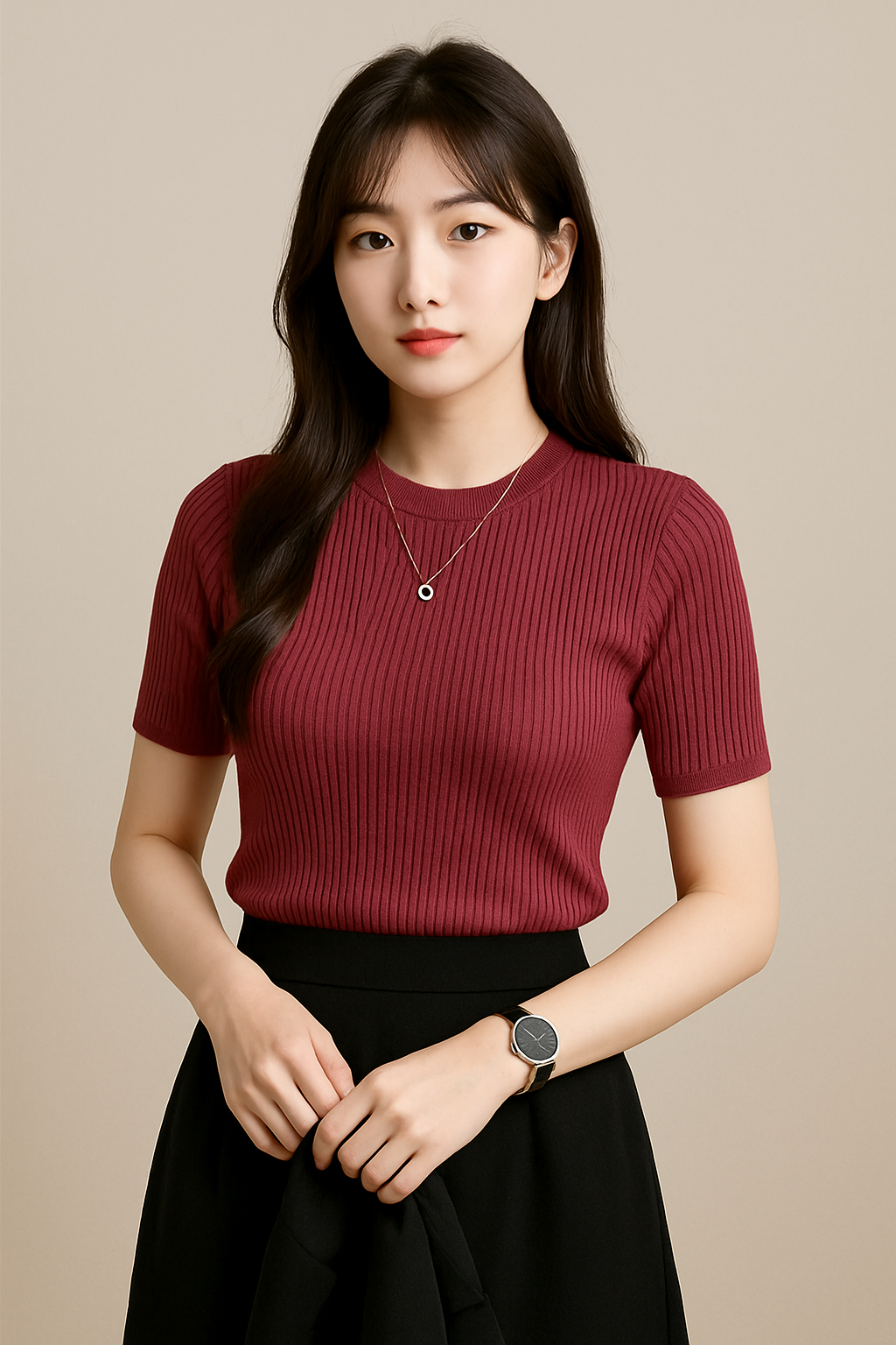 レディース リブニット半袖トップス｜伸縮性◎ 夏春スリムフィットTシャツ｜美シルエット インナーにも最適